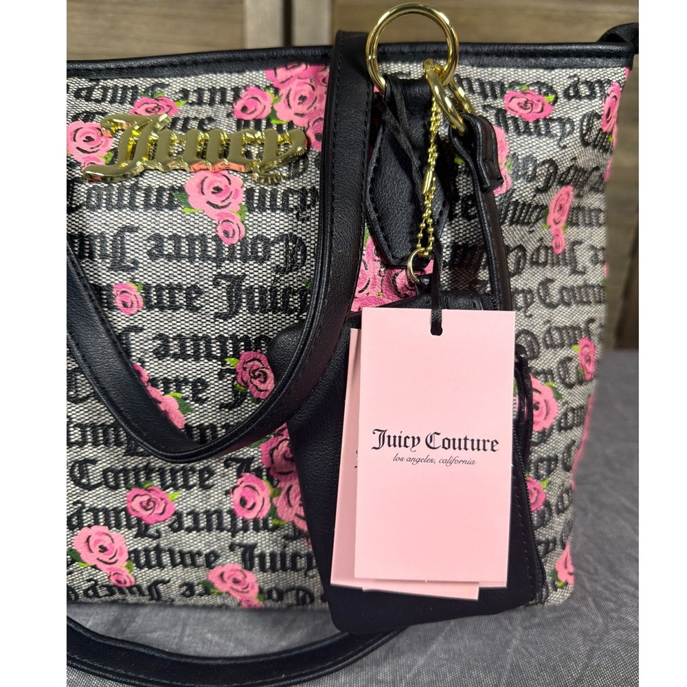 Juicy Couture Day to Date Tote Bag Pink Bloom Black Floral Monogram Shopper NEW - Picture 2 of 10